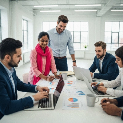 Professional team collaborating on ABM strategy with charts and laptops