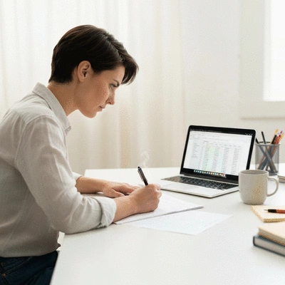 Person writing an action plan for personal branding, with a laptop and coffee, bright and clean desk, no text, no words, no typography, clean image