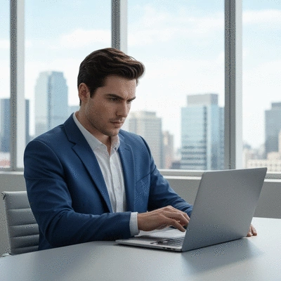 Professional network marketer reviewing personal branding audit results on a laptop in a modern office, focused and analytical