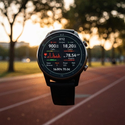 XYZ Smartwatch displaying fitness data during a workout