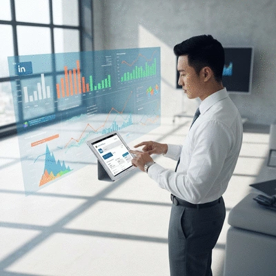 Professional using a tablet with a LinkedIn interface, surrounded by data analytics and growth charts