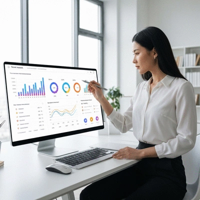 Person analyzing social media metrics on a dashboard, with charts and graphs indicating engagement rates, no text, no words, no typography, clean image