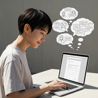 Person using a laptop to send an email, with thought bubbles indicating feedback and interaction, clean image, no text, no words, no typography