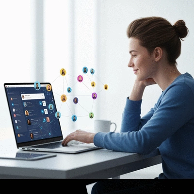 Person engaging with social media on a laptop, showing connected network of people, no text, no words, no typography, no labels, clean image
