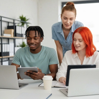 Diverse team collaborating on social media strategy using CRM software, bright office environment, no text, no words, no typography, clean image