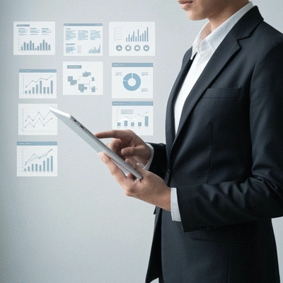 Person using tablet to assess online presence, surrounded by subtle digital marketing elements, clean and professional, no text, no words, no typography, clean image