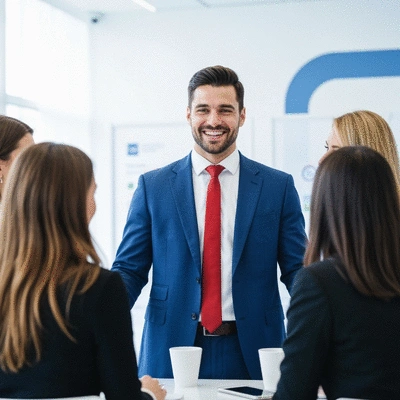 Professional network marketer engaging with clients at an event, no text, no words, no typography, clean image