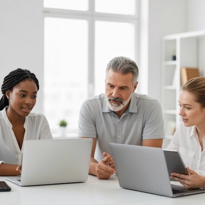 Diverse team collaborating on a social media marketing strategy, bright modern office, laptops and tablets, no text, no words, no typography, clean image