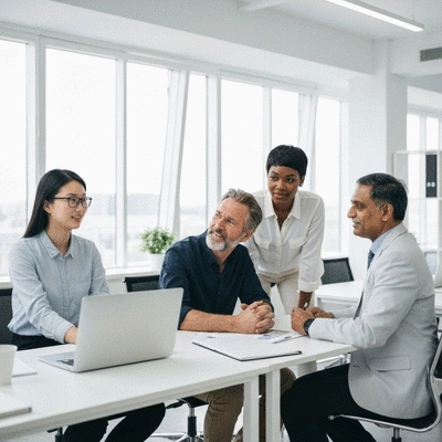 Diverse group of professionals collaborating and engaging authentically in a modern office setting