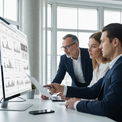 Modern business team analyzing website visitor data on a large screen, showing engagement metrics and IP locations