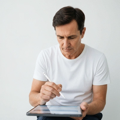 Person filling out a digital survey on a tablet with a pen, clean background, no text, no words, no typography, 8K