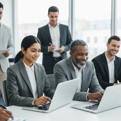 Diverse group of professionals collaborating and networking online, symbolizing community building in personal branding, no text, no words, no typography, 8K