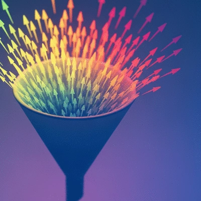 Abstract illustration showing data points and arrows flowing into a funnel, representing lead conversion through video marketing