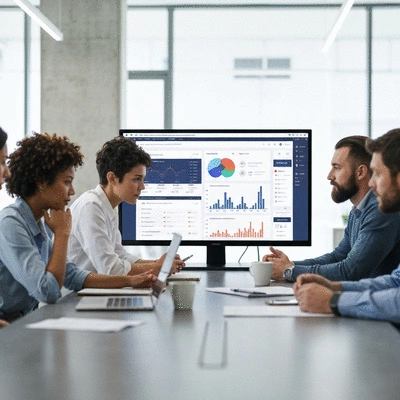 Team of marketers collaborating around a table, looking at a large screen with predictive analytics dashboards, in a bright modern office setting.