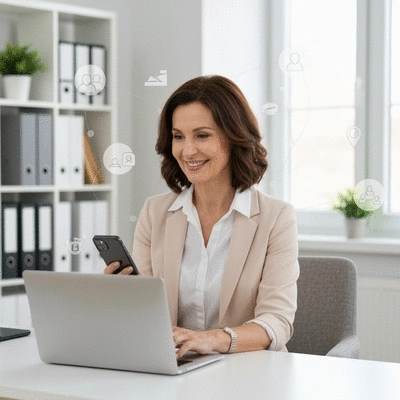Person using a laptop and smartphone to manage their online presence, surrounded by subtle network marketing iconography, no text, no words, no typography, clean image