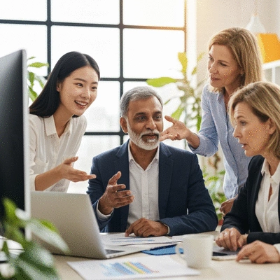 Diverse group of business people collaborating and brainstorming in a modern office, vibrant and energetic, no text, no words, no typography, 8K