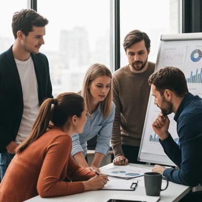 Digital transformation strategy being planned on a whiteboard with charts and graphs, showing a team collaborating