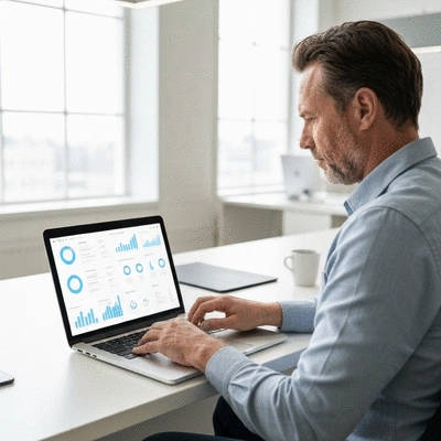 Professional using a laptop to plan email marketing strategy, with charts and data on screen