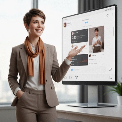 Professional woman engaging with a diverse audience on social media, showcasing authenticity and connection, no text, no words, no typography, clean image