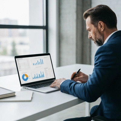 Person analyzing business data on a laptop, showing progress tracking