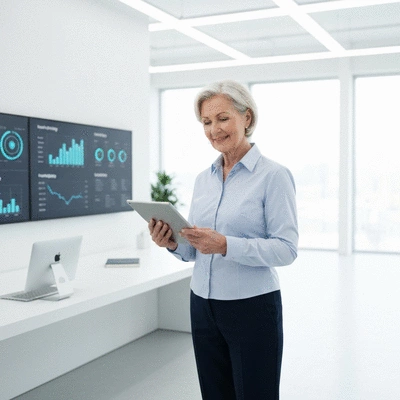 Professional using a tablet to manage network marketing tasks, with data visualizations in the background, clean image