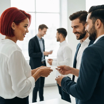 Diverse group of people networking and exchanging business cards in a modern office setting