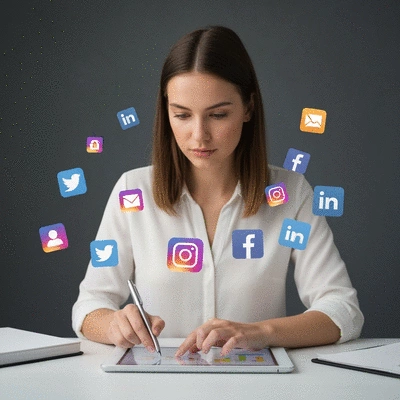 Person planning content calendar on a tablet with various social media icons, representing strategic branding, no text, no words