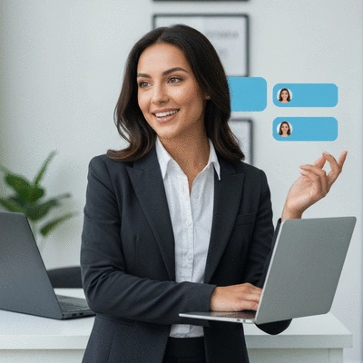 Professional woman engaging with a diverse network on social media, representing personal branding in network marketing