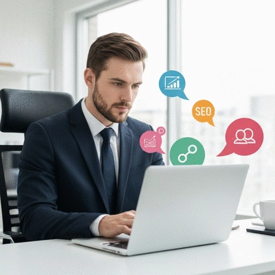 Person working on a laptop, surrounded by icons representing content marketing, SEO, and social media, clean image, no text